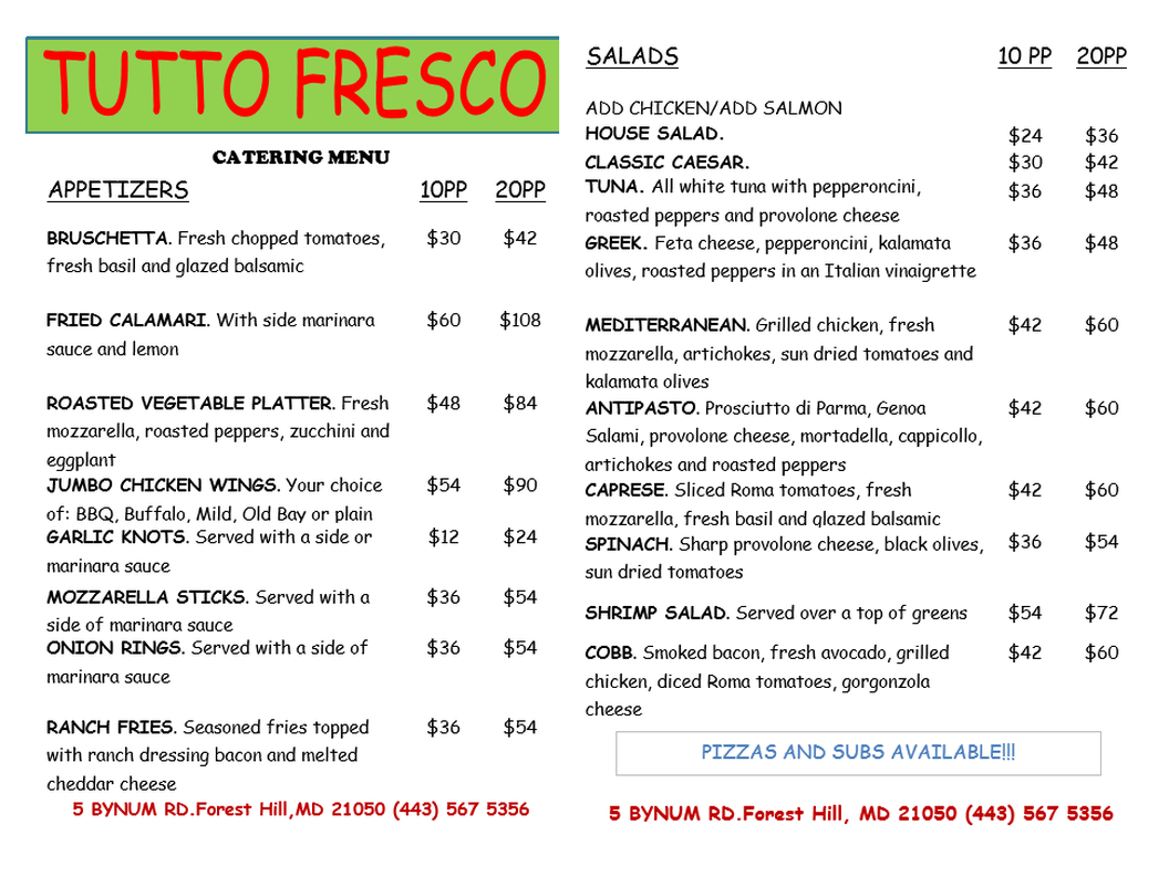 tutto fresco kitchen and bar menu